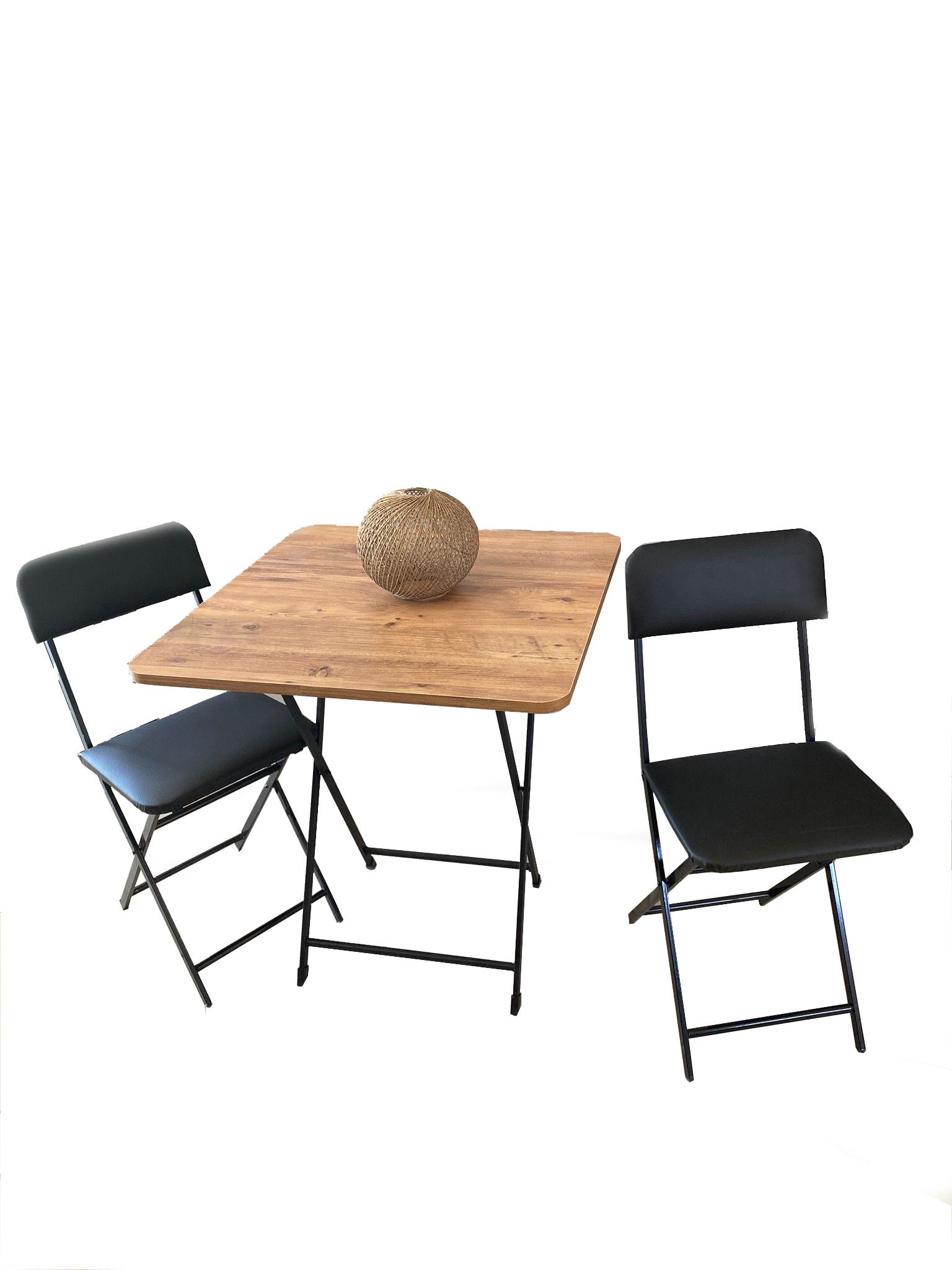 Katlanır Masa Sandalye Takımı Kare Çam Masa Deri Siyah Sandalye